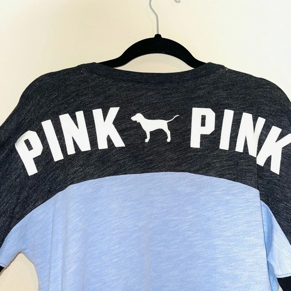 PINK Victoria’s Secret Baby Blue & Gray Oversized Varsity Tee Xsmall Women’s - Picture 7 of 11